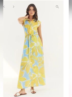 hutch layton blue & yellow floral print button front maxi shirt dress small NEW
